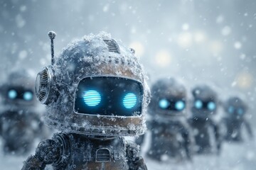 Frozen robots with glowing eyes in icy landscape