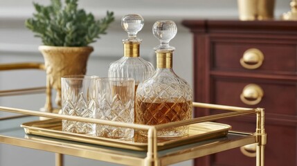 Elegant Brass Bar Cart Displaying Crystal Decanters and Glasses with a Tasteful Decorative Touch in a Home Interior Scene