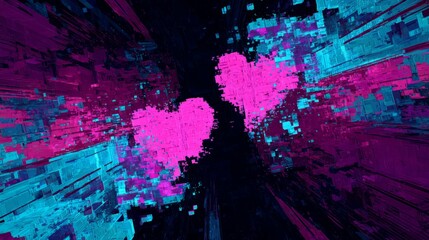 Pixelated neon hearts in digital glitch space