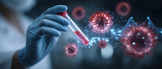 Scientist analyzing blood sample with virus and data hologram