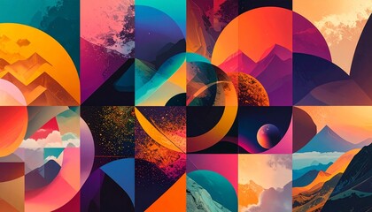 "Vibrant geometric art panels with layered shapes and bold colors."