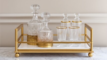 Elegant Brass Bar Cart with Crystal Decanters and Glasses, Perfect for Hosting and Entertaining at Home