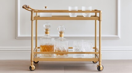 Elegant Brass Accent Bar Cart Displaying Crystal Decanters and Glasses Perfect for Home Entertaining and Stylish Decor