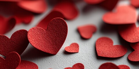 Red paper hearts scattered on white background