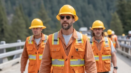 Construction Workers in Safety Gear Walking on Bridge Walkway Surrounded by Lush Forest, Captured in High-Resolution Format for Stock Photography Use