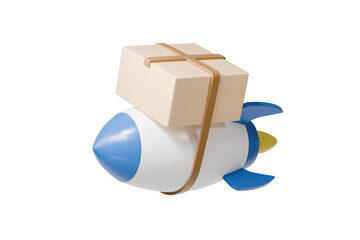 3d delivery rocket icon. express shipping concept. minimal cartoon parcel box courier for ecommerce delivery. isolated on white transparent background. 3d render.