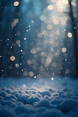 A blurry blue winter background features snow and water drops on a window with bright bokeh lights, glittery snowflakes, and a cold holiday design pattern