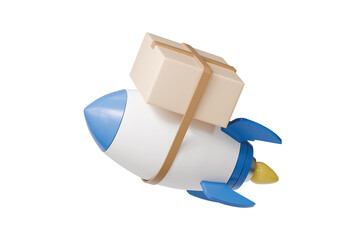 3d delivery rocket icon. express shipping concept. minimal cartoon parcel box courier for ecommerce delivery. isolated on white transparent background. 3d render.