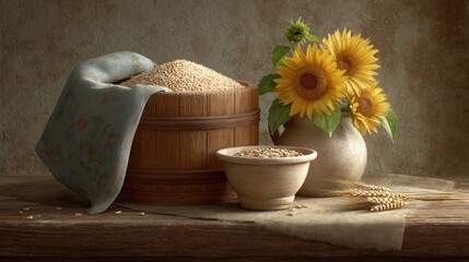 Still Life with Grains of Wheat, Basket, Ceramic Bowl, and Sunflowers on Rustic Wooden Table, Capturing the Essence of Agricultural Abundance and Beauty