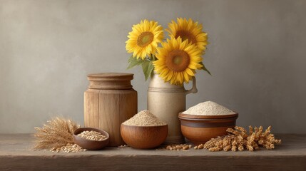 Still Life Composition with Grains and Sunflowers Celebrating Agricultural Abundance and Natural Beauty in a Rustic Setting