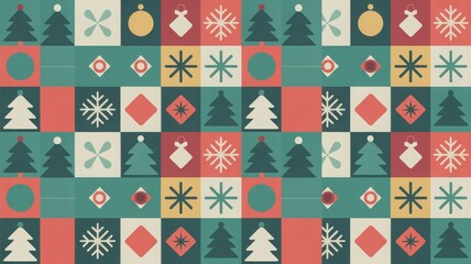 A festive Christmas pattern design featuring trees, ornaments, and snowflakes in a seamless grid layout