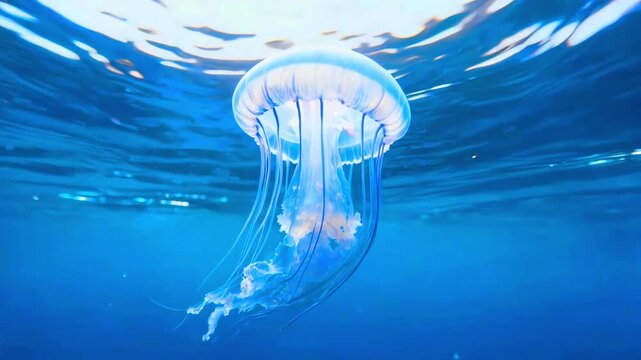 Captivating photograph showcasing a luminous blue jellyfish gracefully swimming near the water's surface under bright sunlight.