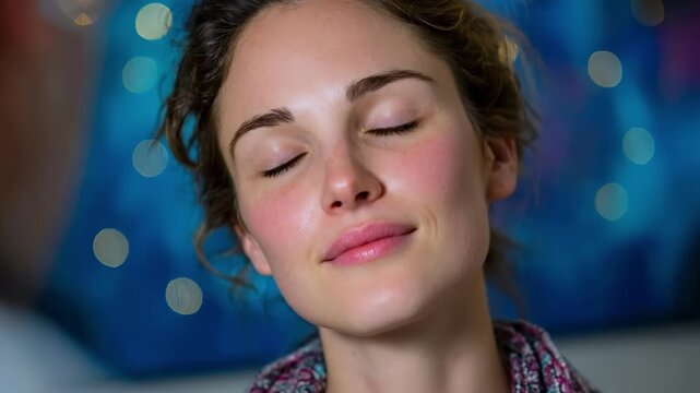 Serene young woman with curly hair closes eyes in peaceful meditation. Subtle smile on flushed cheeks, blue blurred background, patterned scarf. Portrait of calm relaxation and mindfulness