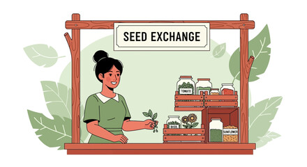 Woman at Seed Exchange Stand with Jars and Plants, Community Gardening Concept