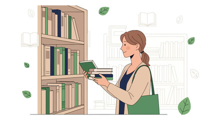 Woman choosing books from a shelf in a library or bookstore, surrounded by leaves.