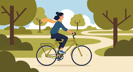 Woman Cycling Through a Scenic Park Path
