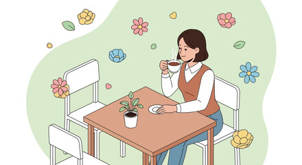 Woman drinking coffee at outdoor cafe surrounded by flowers