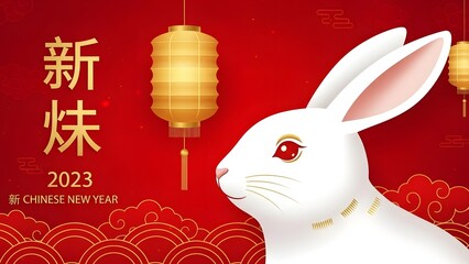 White rabbit with red eyes and golden necklace on red background with lanterns
