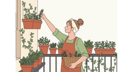 Woman Gardening on Balcony with Potted Plants and Basket of Herbs