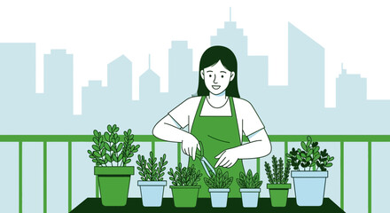 Woman gardening on balcony with city skyline background, urban farming concept