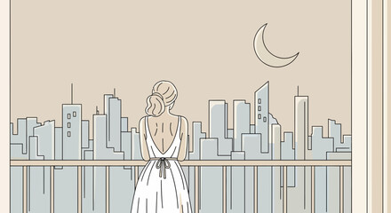 Woman in white dress on balcony overlooking city skyline at night with crescent moon