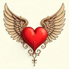 Detailed artistic illustration of a heart with golden wings on a plain background