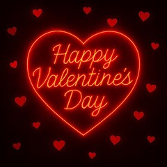 Happy Valentines Day neon heart sign with small hearts on black background