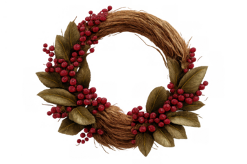 Rustic winter holiday wreath crafting with dried leaves and red berries for festive decoration, transparent background