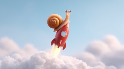 A whimsical snail rides a vibrant red rocket soaring through fluffy clouds against a serene blue sky, capturing a sense of adventure and imagination.
