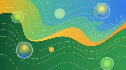 Vibrant abstract landscape with flowing curves and glowing orbs in a serene environment viewed from above