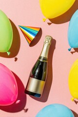 Overhead shot of champagne bottle, party hat, and colorful balloons on a pink background