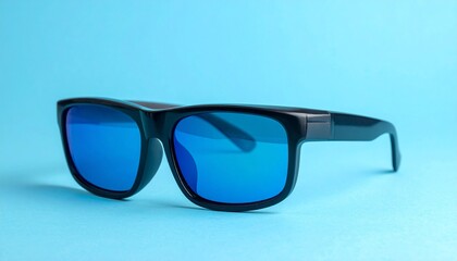 "Show a pair of black sunglasses with blue-tinted lenses on light blue background, overlaid with geometric optical diagrams including arcs, lines, and points."
