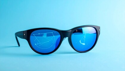 "Show a pair of black sunglasses with blue-tinted lenses on light blue background, overlaid with geometric optical diagrams including arcs, lines, and points."