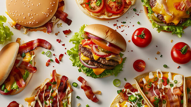 Burgers tacos and bacon scattered on white surface, top view flat lay fast food background, messy and artistic menu design element

