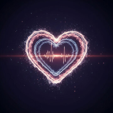 Digital glowing heart outline displays a bright electronic cardiogram heartbeat rhythm pattern
