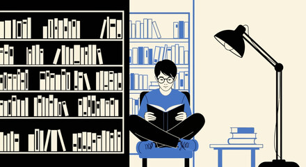 Student reading a book in a library with bookshelves, desk lamp and table