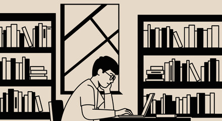Student studying on laptop in library with bookshelves and window, minimalist illustration