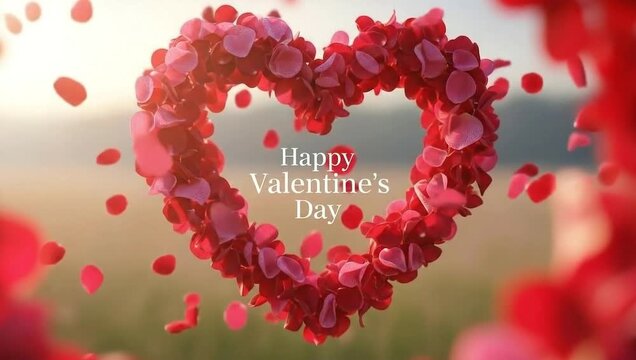 Romantic heart shape made of red rose petals floating in a field with falling petals