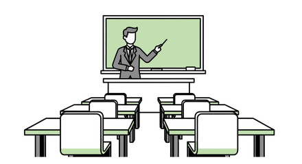 Teacher Instructing in Empty Classroom with Desks and Whiteboard