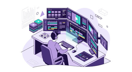 Video Editor Working on Multi-Monitor Workstation with Editing Software Interface