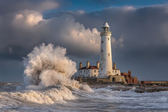 A symbolic coastal environment is shown in passive voice, a lighthouse resists storm waves and strong winds, light signifies resilience and foresight  