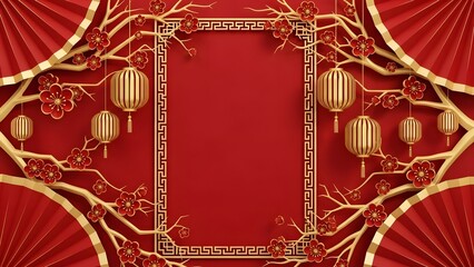 Red chinese new year frame with gold decorations and lanterns on red