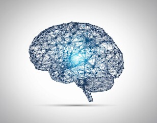 An intricate wireframe representation of the human brain, glowing with a central blue light, signifies complex neural activity and digital interconnectivity.