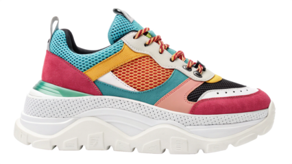 Extremely colorful chunky athletic sneaker featuring vibrant mixed materials and a thick white sole on transparent background