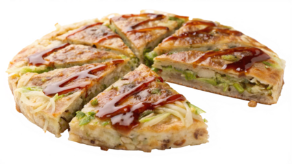 Delicious savory Japanese okonomiyaki pancake sliced into wedges and drizzled with sweet brown sauce on transparent background