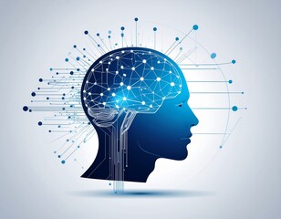 This striking illustration features a dark blue human head silhouette in profile, housing a luminous wireframe brain with complex radiating digital connections, representing advanced AI.