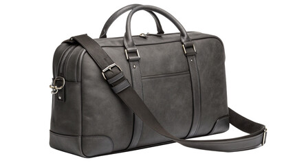 Naklejka premium Stylish dark grey leather business duffel bag with adjustable shoulder strap ready for travel on transparent background