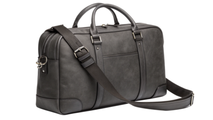 Stylish dark grey leather business duffel bag with adjustable shoulder strap ready for travel on transparent background
