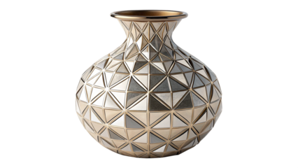 Elegant geometric faceted metallic vase featuring a sophisticated reflective mosaic pattern on transparent background