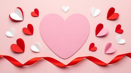 Paper hearts ribbon on pink background valentine day decoration love greeting card